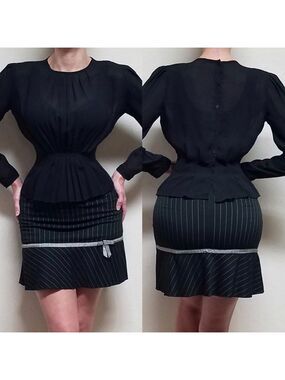 VINTAGE 60s First Chance Sheer Black Blousen Peplum Top Pinstripe Mini Skirt Set